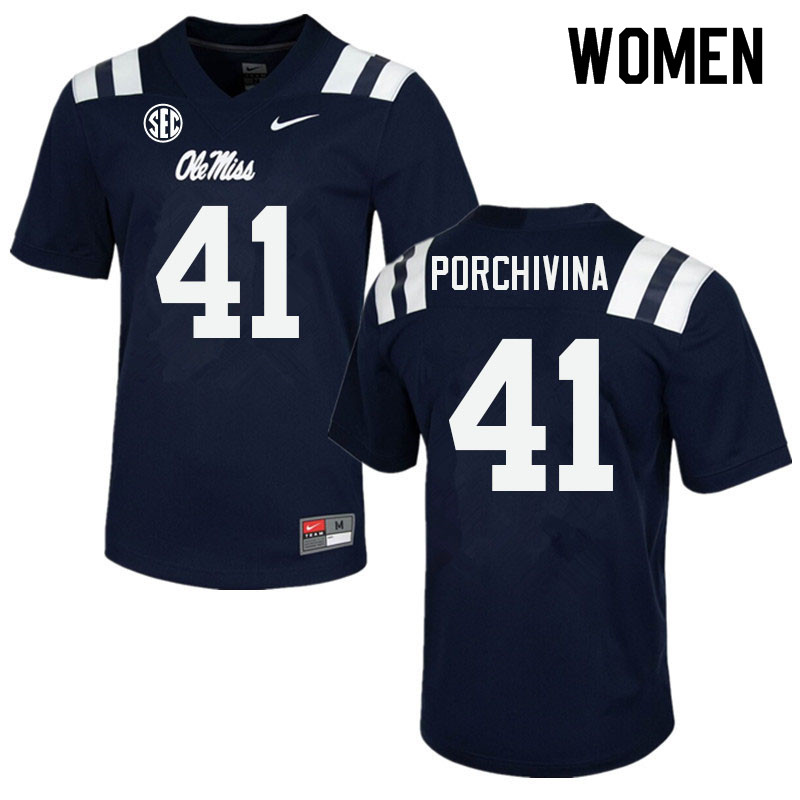 Women #41 John Porchivina Ole Miss Rebels College Football Jerseys Sale-Navy